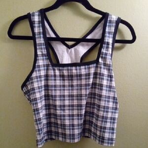 Womans Vintage L Kmart Kathy Ireland Y2k Blue Plaid Top Black Accents Stretchy